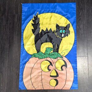 Halloween Garden Yard Flag Black Cat On Pumpkin Full Moon - 27" x 44"